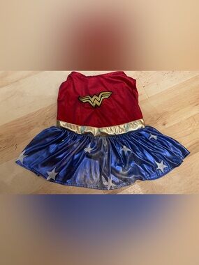 Red & Blue Star-Print Superhero Wonder Woman Dog Dress Costume Gold Trim Medium